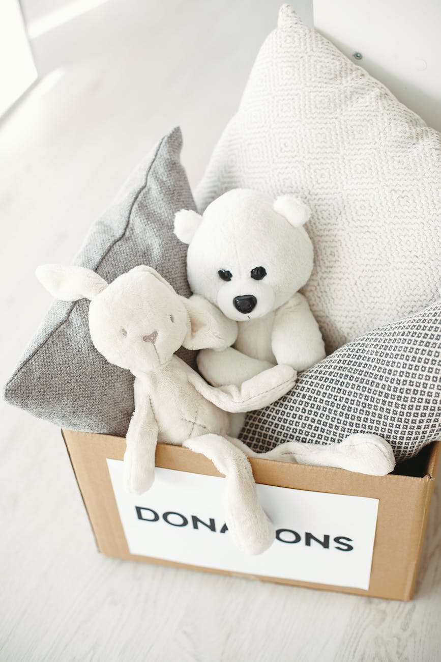 a box of donations with pillows and stuffed animals